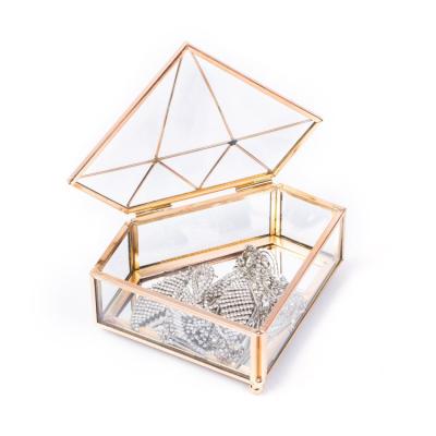 China Hot Sale Hand Made Diamond Shape Glass Mirror Metal Jewelry Ring Boxes Packaging for sale