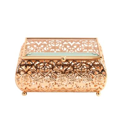 China Metal Unique Gold Gift Rectangle Gift Package Glass Lenses Show Bracelet Jewelry Box Mirror for sale