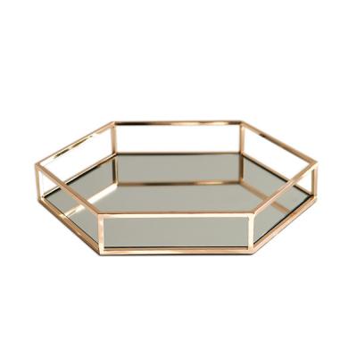 China Handmade Wholesale Custom Gold Metal Mirror Tray Jewelry Organizer Perfume Hexagon Tray for sale