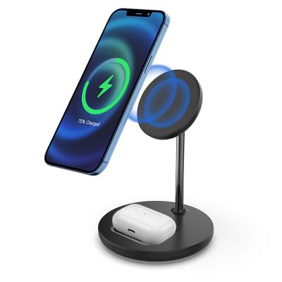 China Mobile Phone Products/Earphone 2022 Power Charger 2In1 Wireless Metal Magnetic Cordless Phone Chargers 15W Row Charging Stand For iPhone12 Earbud for sale