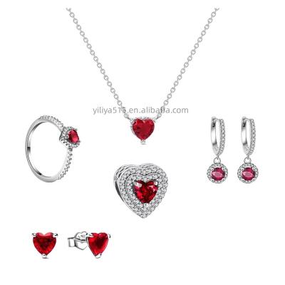 China 2023 New 925 Romantic Silver Charms Red Heart Studs Earrings Dangle Necklace Glitter Set Fit Original Pandoraer Bracelet Bead Jewelry for sale