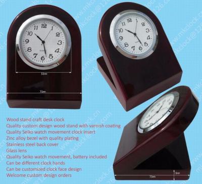 China Wood& metal custom design wooden stand craft clock, wooden stand desk clock, quality watch mvoement clock insert desk clock with wooden stand for sale