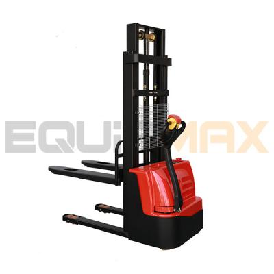 China Hotels Equipmax 1.5 ton walking behind automatic electric stacker forklift with straddle forks with 3 meters lifting height in stock for sale