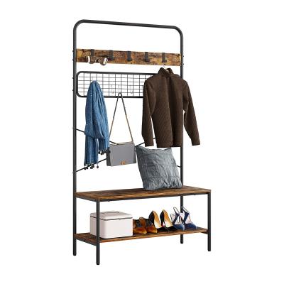 China (Others) Entryway Coat Rack, Metal and Wood Hall Tree Rack with 2 Tier Adjustable Shoe Hooks and Bench, Industrial Storage Shelf for Hallway for sale