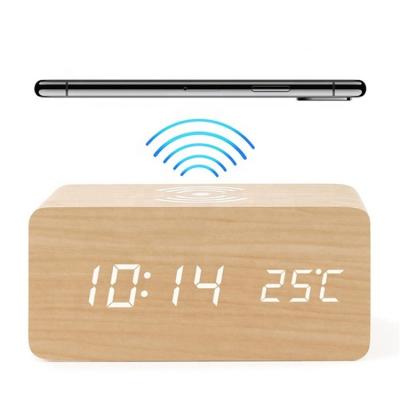 China New Multifunctional Wooden Bedside Mobile Phone Lamp Radio Amazon Digital Display Wireless Charger Clock for sale