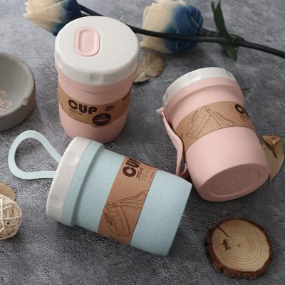 China Sustainable Mini Wheat Straw Cup Portable Strap Offer Recycle Material Microwaveable Water Cup For Breakfast Milk Cup for sale