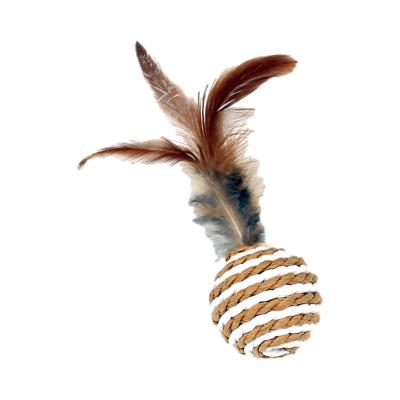 China Stocked Wholesale Funny Bite Resistance Cat Chewing Toys ODM/OEM Sisal Ball With feather Scratch Cat Toys for sale