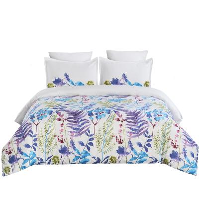 China American Brush Style 100% Microfiber Duvet Cover Set, Flower Print Pattern Comforter Cover, White/Blue 3 Piece Set for sale