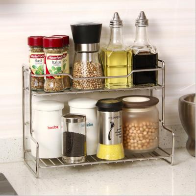 China New Style Viable Silver 2 Tiers Home Storage Organizer Stainless Steel Kitchen Cabinet Spice Rack for sale