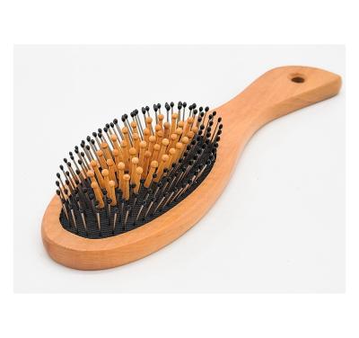 China New Design Anti Static Scalp Massager Cushion Curved Handle Wooden Pin Rubber Stainless Mixed Wood Hair Brush for sale