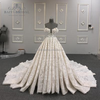 China American Anti-Static Best Hot Selling Deep-V 3D Lace Flowers Off The Shoulder Wedding Party Dresses For Women for sale