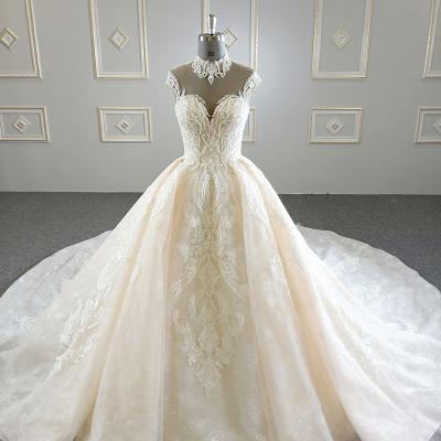 China New Design Modest Champagne Court Train High Neck Anti-Static Bead Decorations Heavily Beaded Wedding Dresses 2022 for sale