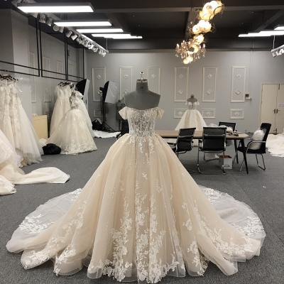 China Latest Design Anti-Static Gorgeous Bridal Dress Soft Lace Beading Ball Gown Wedding Dress For Women T19023 for sale