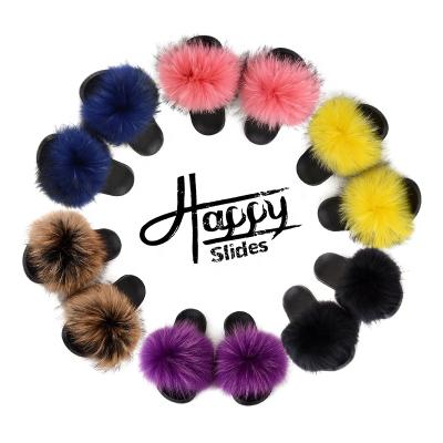 China Anti-Slippery Fur Slides Brown Fluffy Fur Slides For Women Big Racoon Raccoon Fur Slipper Sandals Wholesale Slides Real Custom Designer Women for sale