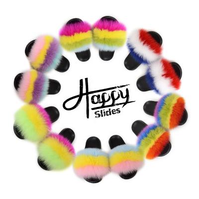 China Happyslides Women's Anti-Slippery Fur Slides For Women Full Real Mink Fox Fur Sandals Slipper Logo Fluffy Slides Rainbow Colorful Multi Color for sale