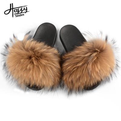 China Wholesale Women's Faux Fox Raccoon Large Full Ffluffy Raccoon Brown Fur Slides Anti-slippery Faux Fabrics For Women Fur Sandals Slipper Slides for sale