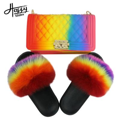 China Anti-Slippery Raccoon Fox Fur Real Slides Seller With Purse Set Children Ug Hairy Fur Slides For Kids Sandals Large Fur Slides Raccoon for sale