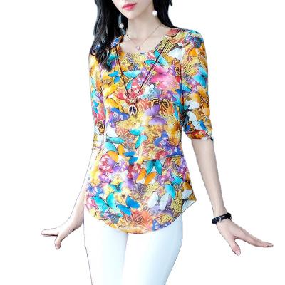 China Factory low price 2022 QUICK DRY direct sale floral plus size fashion silk design half sleeve women shirt women's charming blouse/shirt for sale