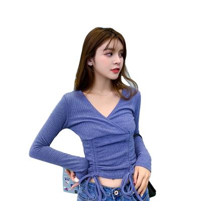 China 2022 Latest Design Women QUICK DRY Sexy Deep V Neckline One Size Solid Color One Sleeve Long Only Plus Drawstring Front Crop Tops for sale