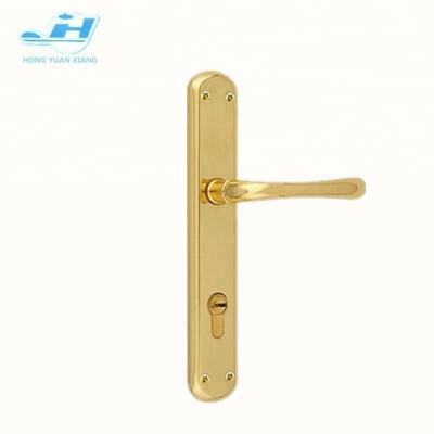 China Hot Cylinder Hole Style Gold Plating Alu Door Handle Have Cylinder Hole Round Corner Plate With Lever Handle for sale