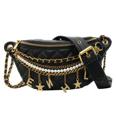 China Anti-theft Metal Bead Decor Women Waist Chain Lady Bags Leather Trim Women Shoulder Bags Fanny Pack Chest Pack Crossbody for sale