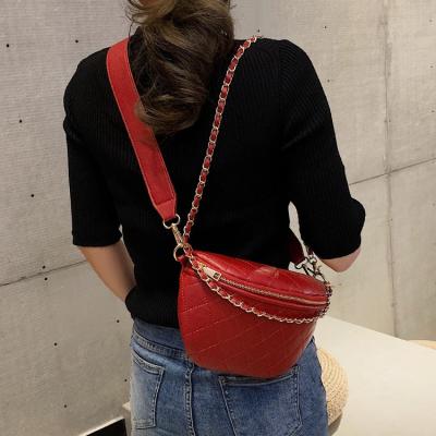 China 2021 Fashion Portable Lady Strap Diamond Lattice Waist Bag Wide PU Leather Stitched Cross - Body Bags For Women for sale