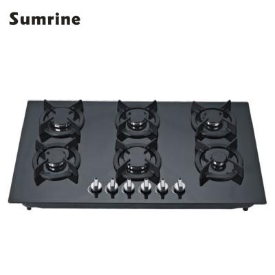 China Wok 6 Burner Tempered Glass Gas Safe Cooktops Workbench Portable Commercial Kitchen Cooker Big Power Fashion Design Hob Stove for sale