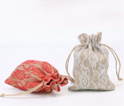 China Recyclable Lace Hessian Gift Bags 8x10cm 9x12cm Vintage Jute Wedding Candy Bag Can Logo Jewelry Linen Packaging Pouches Custom Made for sale