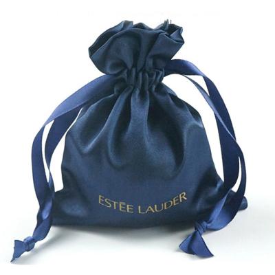 China Navy Stain Silk Satin Gift Bags Pouches Custom Logo Cosmetic Sack Necklace Bangle Bracelet Jewelry 7x9cm 8x10cm 9x12cm 10x15cm 13x17cm for sale