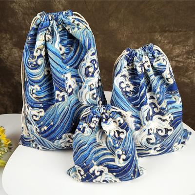 China Gold Recyclable Blue Wave Canvas Gift Bags 8x10cm 9x12cm 13x17cm Party Candy Bag Makeup Jewelry Jute Packaging Pouches for sale