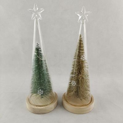 China Handmade clear glass Christmas LED tree with wooden base for sale