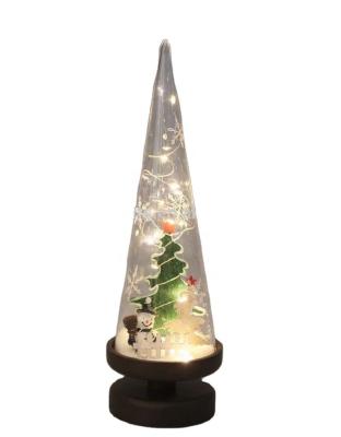 China Triangular Shaped Christamas Home Decoration Glass With Snowman And Christmas Tree With Resin Base Elements Wood Interior With Led Lights for sale