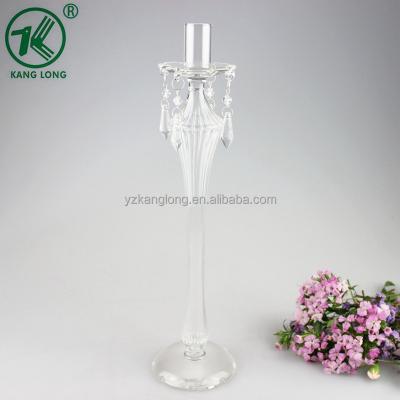 China Clear Glass Candelabra Rod Candlestick Single Head Tall Long Pillar Stand with Beads for Wedding Decoration for sale