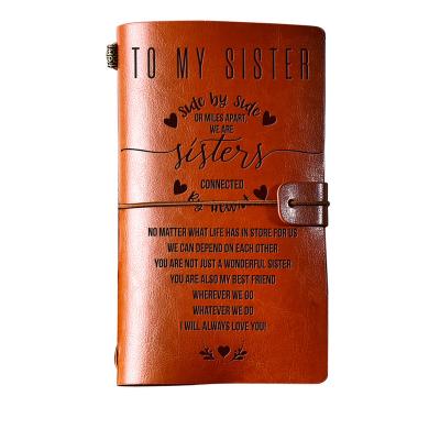 China Stylish Debossed Cover Customized Vintage Journal Voyager Notebook Leather Debossed Traveler Personal Diary To My Sister Amazon Hot Selling Product for sale