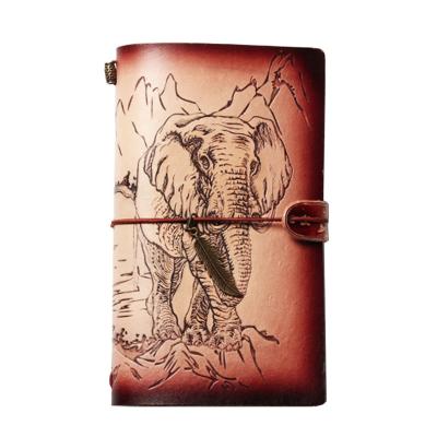 China Exquisite Engraved Genuine Leather Engraved Personal Diary Traveler Sketchbook Notebook Vintage Handmade Design Elephant Pattern for sale