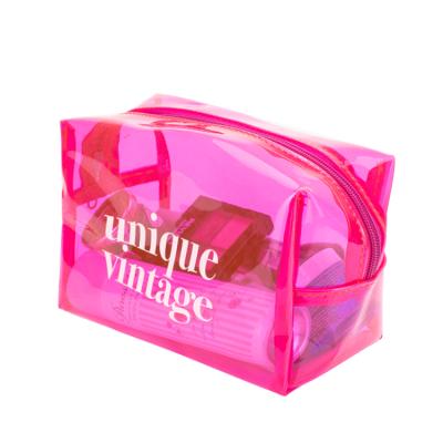 China Fashion Custom Pink Logo Printing Clear PVC Cosmetic Bag Women Zipper Makeup Bag for sale