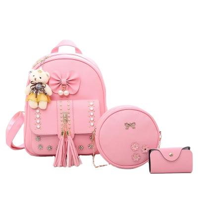 China Waterproof Fashion Korean Style 3pcs Set Tassel PU Leather Backpack School Bag Set With Plush Toy for sale