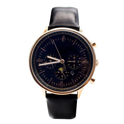 China Reloj negro de lujo de la correa de cuero del dial del azul real con el calendario en venta