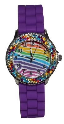 China Purple Bling Stones Kids Analog Watch With Silicone Strap Silver Up Numbers for sale