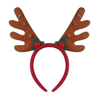 China Green Red Brown Glitter Red Plush Bells Antlers Headband Christmas Headband Merry Christmas Decoration Green Leaf Ball Headband Festival Party Decoration for sale