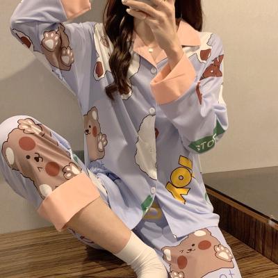 China Autumn Korean version of QUICK DRY long-sleeved cardigan cotton pajamas sweet girls cartoon home wear printed double-length set for sale