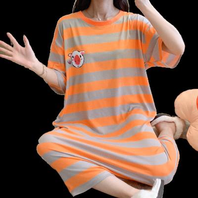 China 2021 Summer Style Milk Cartoon Stripe Pig Warm Silk Sleep Dress Large Size Women's Sleepwear Loose QUICK DRY Leisure for sale