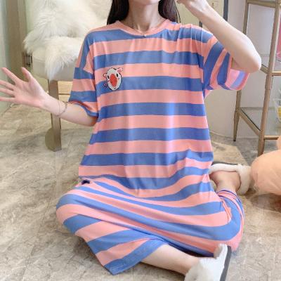 China 2021 Summer Style Milk Cartoon Stripe Pig Warm Silk Sleep Dress Large Size Women's Sleepwear Loose QUICK DRY Leisure for sale