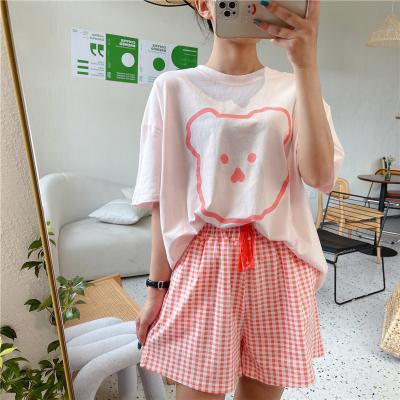 China Cute QUICK DRY Bear Cotton Pajamas Set Casual Women Summer Short Sleeve Shorts Loose Plus Size Loungewear Plaid Pajamas for sale