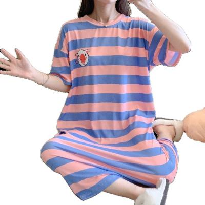 China 2021 Summer Style Milk Cartoon Stripe Pig Warm Silk Sleep Dress Large Size Women's Sleepwear Loose QUICK DRY Leisure for sale