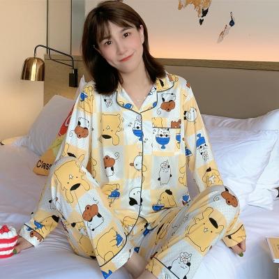 China Korean version of cotton autumn QUICK-DRY long-sleeved cardigan pajamas girls sweet and beautiful home wear double long 2pcs set for sale