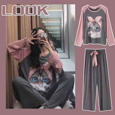 China QUICK DRY wholesale women's pajamas spring long-sleeved autumn Korean version of the 2021 new cartoon cat home wear set pajamas for sale