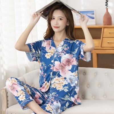 China 2021 summer QUICK DRY casual silk loungewear short and long sets pajamas cardigan pants ladies short sleeve female flower pajamas for sale