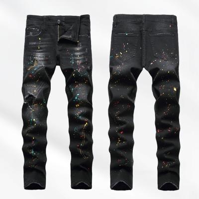 China OEM / ODM Painted Breathable Mens Denim Pants Painted Ripped Skinny Black Jeans For Men for sale