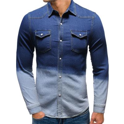 China High Quality Breathable Mens Denim Jackets Collar Blue Gradient Tie Dye Slim Casual Shirts For Male for sale